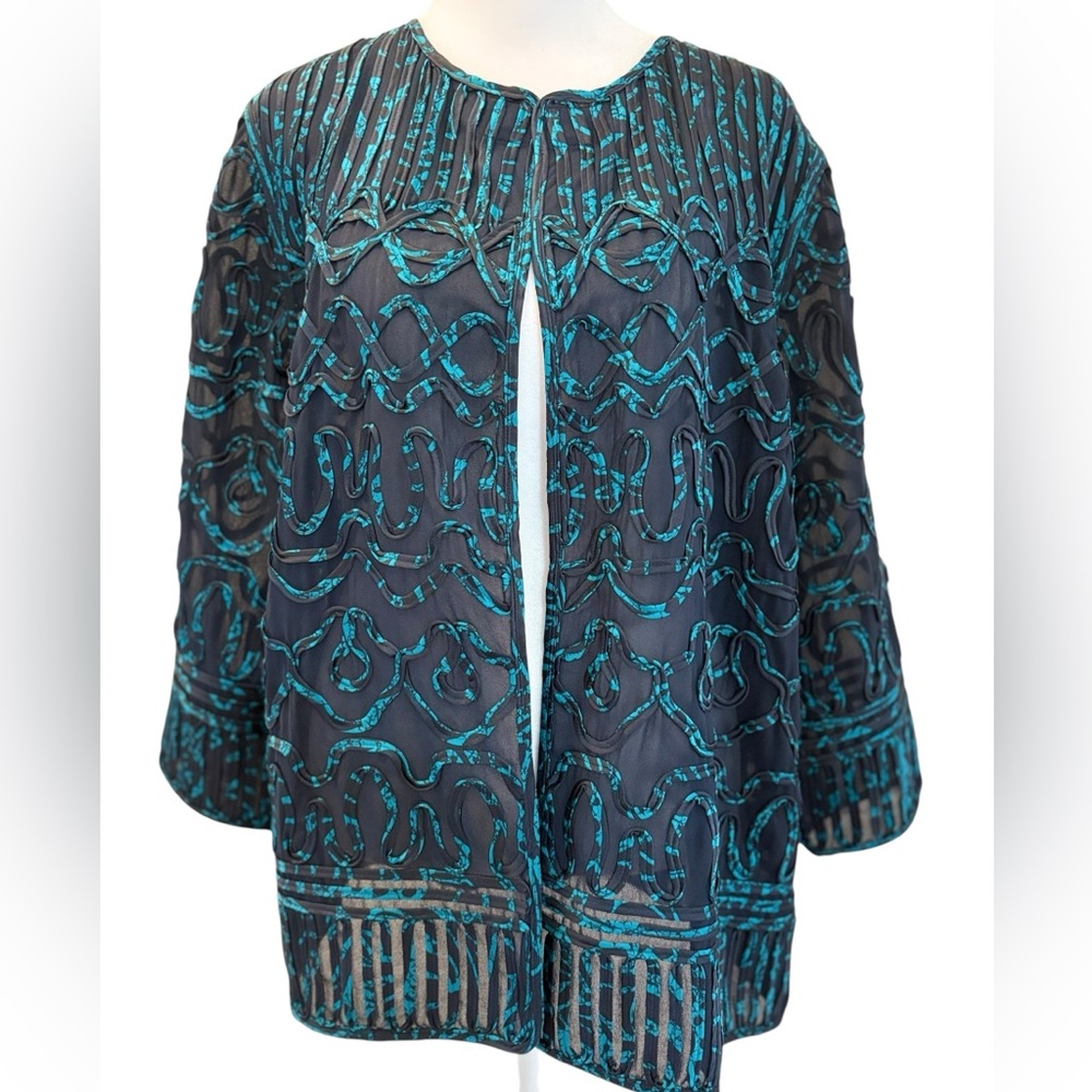New Chico’s Navy Teal Artisan Soutache Jacket Size 2 12/14